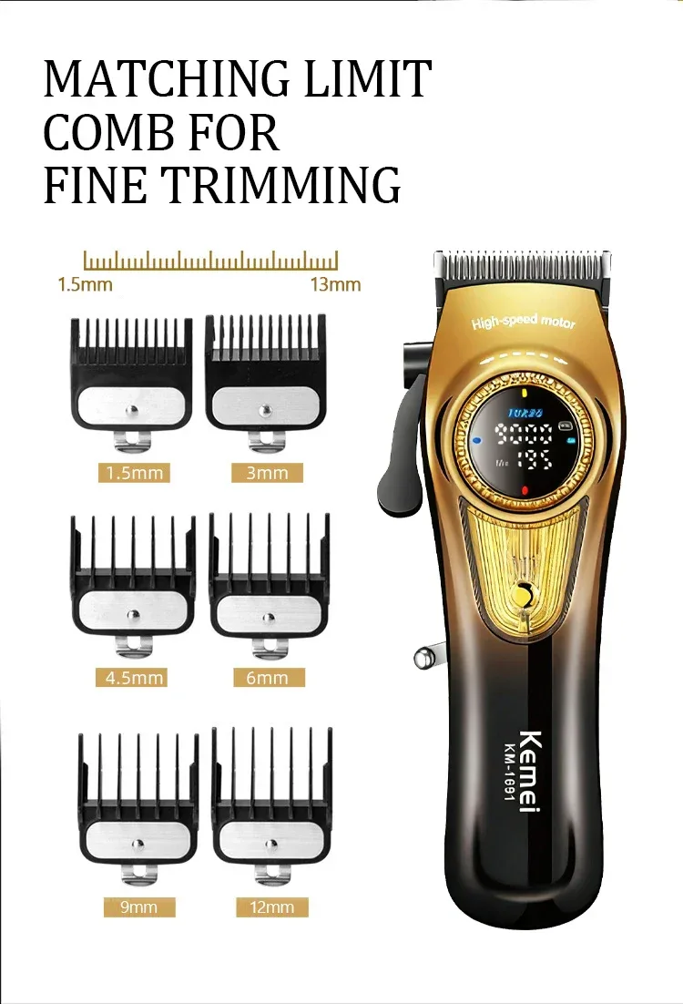 Kemei 1691 Professional Barber Cutting Machines Rotation Speed Adjustment LED Display Men's Hair Clipper Trimmer