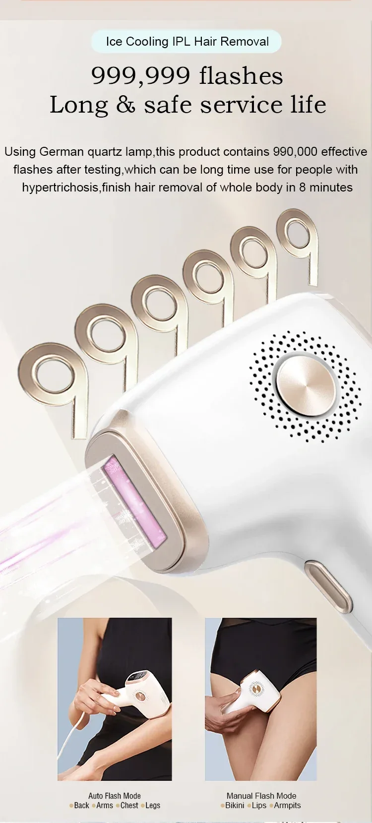 IPL Hair Removal with Ice Cooling Care Function for Women Permanent,999,999 Flashes Painless IPL Hair Remover Device