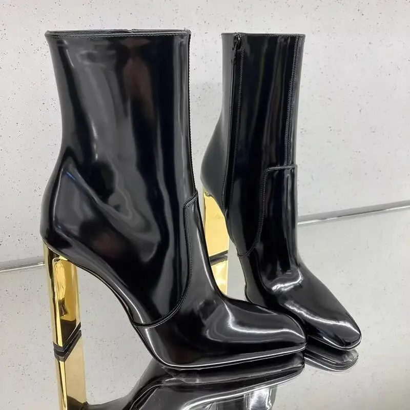 Pointed Toe Black Patent Leather Knee High Boots Zip Gold Heeled Sexy Women 2023 Winter New Tall Boot Luxury Designer Shoes