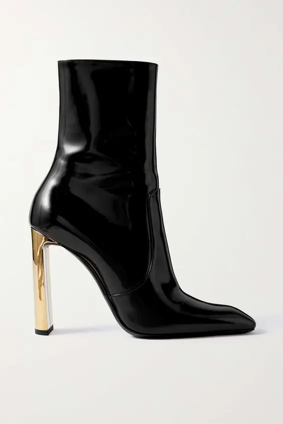 Pointed Toe Black Patent Leather Knee High Boots Zip Gold Heeled Sexy Women 2023 Winter New Tall Boot Luxury Designer Shoes