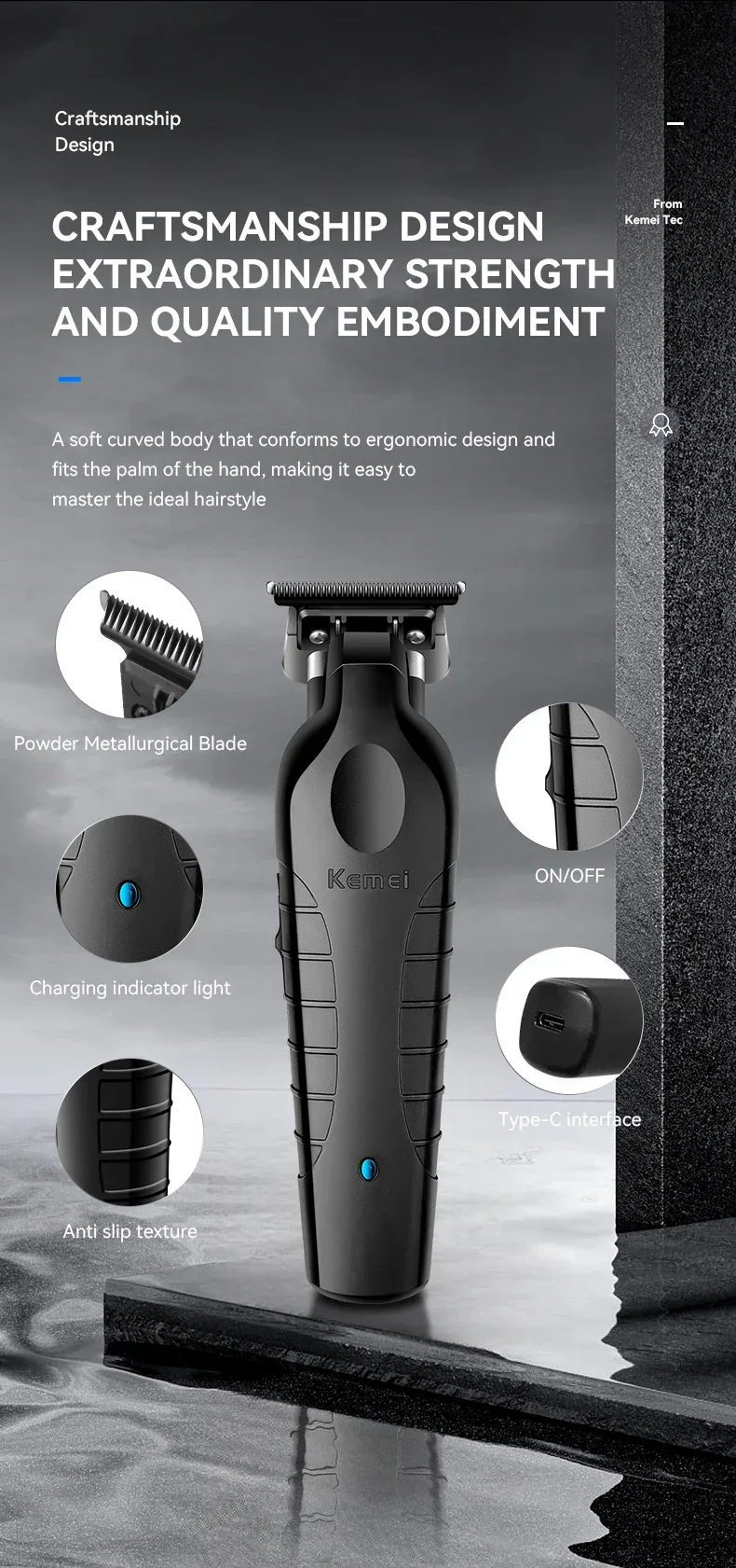 Kemei Men's Cordless Hair Clipper USB Rechargeable Zero Gap Trimmer Electric Hair Clipper Original Blade Accessories KM-2299
