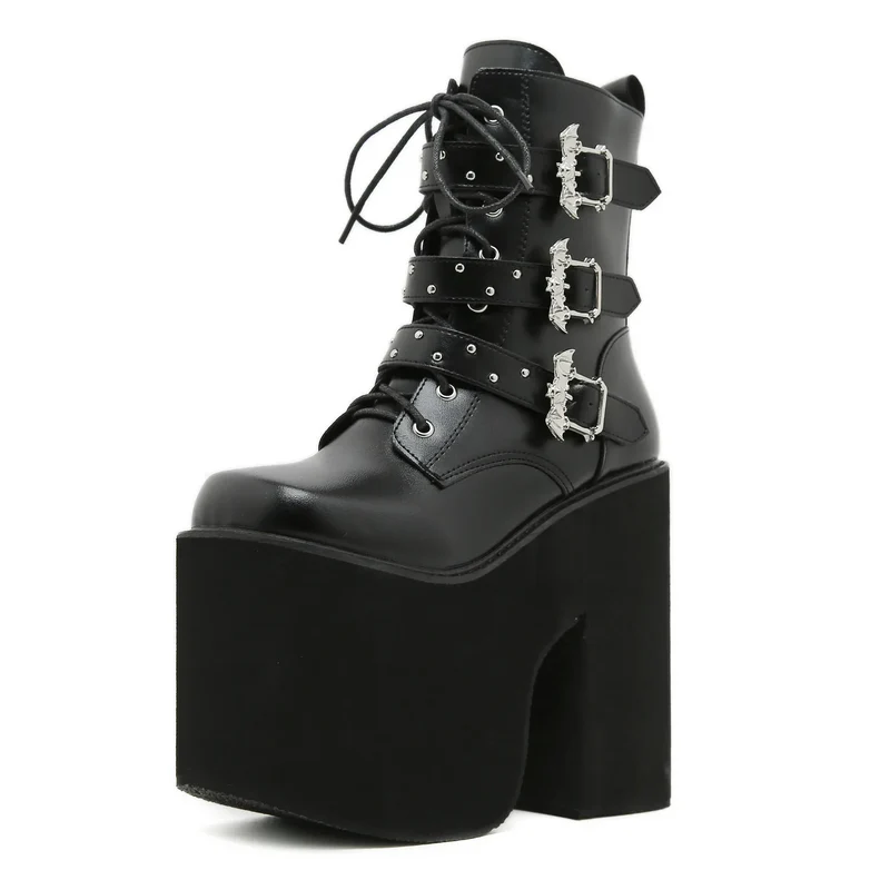 Gdgydh Lace up Chunky Heel Mid Calf Booties for Women Block High Heel Platform Combat Boots Gothic Metal Bat Gothic Shoes