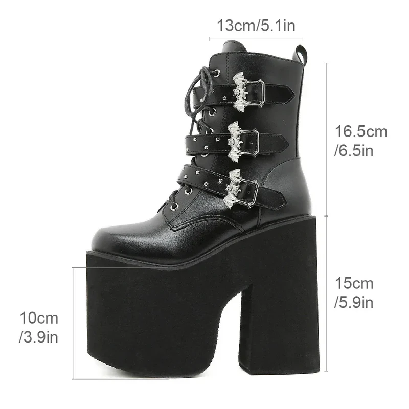 Gdgydh Lace up Chunky Heel Mid Calf Booties for Women Block High Heel Platform Combat Boots Gothic Metal Bat Gothic Shoes