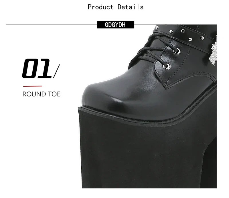 Gdgydh Lace up Chunky Heel Mid Calf Booties for Women Block High Heel Platform Combat Boots Gothic Metal Bat Gothic Shoes