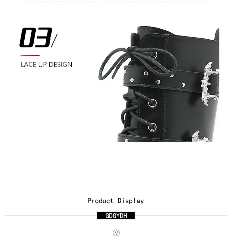 Gdgydh Lace up Chunky Heel Mid Calf Booties for Women Block High Heel Platform Combat Boots Gothic Metal Bat Gothic Shoes
