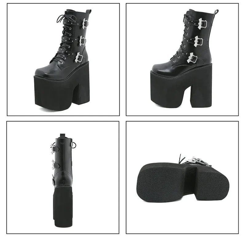 Gdgydh Lace up Chunky Heel Mid Calf Booties for Women Block High Heel Platform Combat Boots Gothic Metal Bat Gothic Shoes