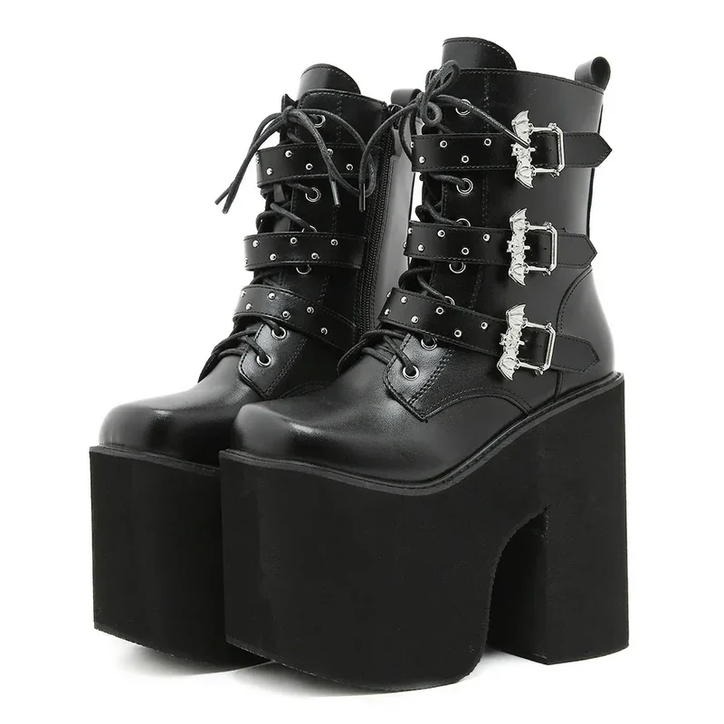 Gdgydh Lace up Chunky Heel Mid Calf Booties for Women Block High Heel Platform Combat Boots Gothic Metal Bat Gothic Shoes