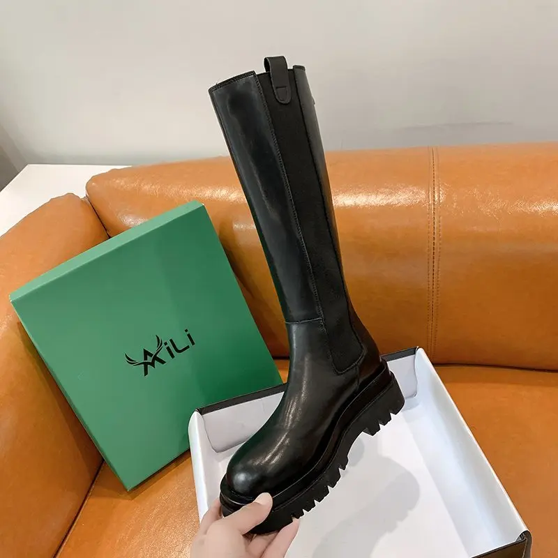 New Platform Women Knight Long Boots Fashion Warm Fur Shoes Autumn Winter Square Heels Ladies Knee High Boots Zapatos Mujer