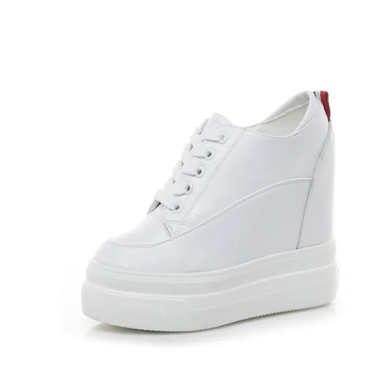 Genuine leather 10cm Increase Flat Platform Shoes Female Thick Sole Students Casual Shoes Woman Lace Up Solid Women Shoes