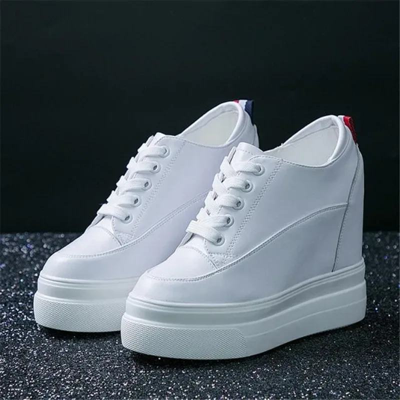Genuine leather 10cm Increase Flat Platform Shoes Female Thick Sole Students Casual Shoes Woman Lace Up Solid Women Shoes