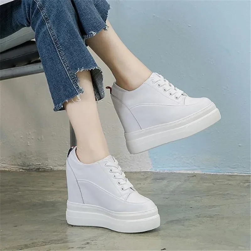 Genuine leather 10cm Increase Flat Platform Shoes Female Thick Sole Students Casual Shoes Woman Lace Up Solid Women Shoes