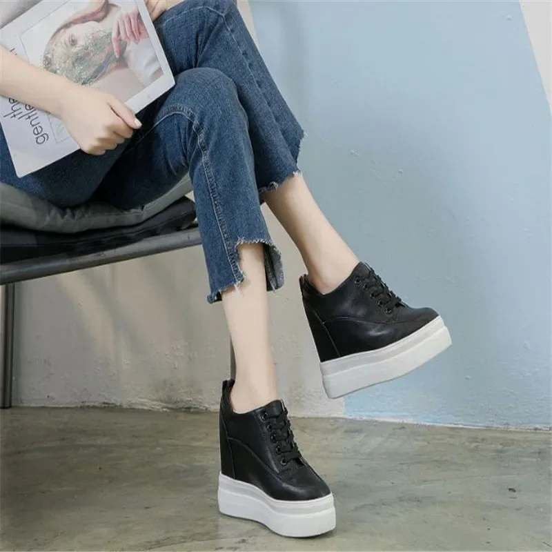 Genuine leather 10cm Increase Flat Platform Shoes Female Thick Sole Students Casual Shoes Woman Lace Up Solid Women Shoes