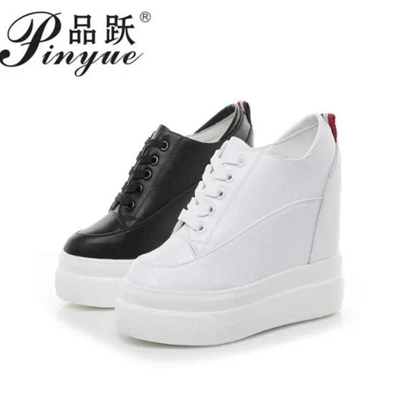 Genuine leather 10cm Increase Flat Platform Shoes Female Thick Sole Students Casual Shoes Woman Lace Up Solid Women Shoes