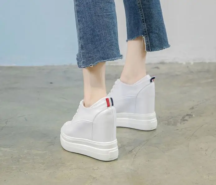 Genuine leather 10cm Increase Flat Platform Shoes Female Thick Sole Students Casual Shoes Woman Lace Up Solid Women Shoes