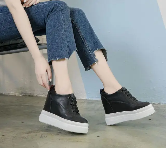 Genuine leather 10cm Increase Flat Platform Shoes Female Thick Sole Students Casual Shoes Woman Lace Up Solid Women Shoes