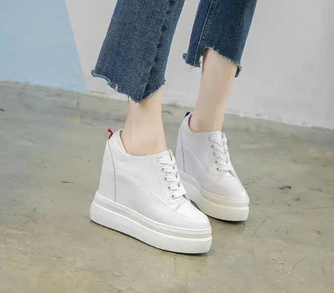Genuine leather 10cm Increase Flat Platform Shoes Female Thick Sole Students Casual Shoes Woman Lace Up Solid Women Shoes