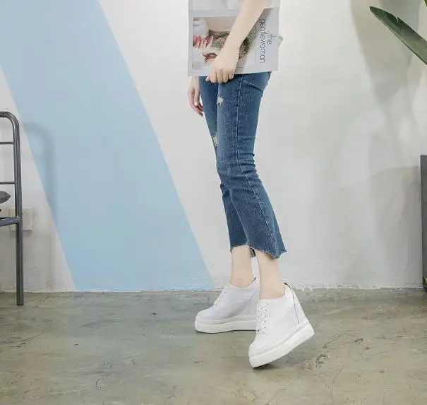 Genuine leather 10cm Increase Flat Platform Shoes Female Thick Sole Students Casual Shoes Woman Lace Up Solid Women Shoes