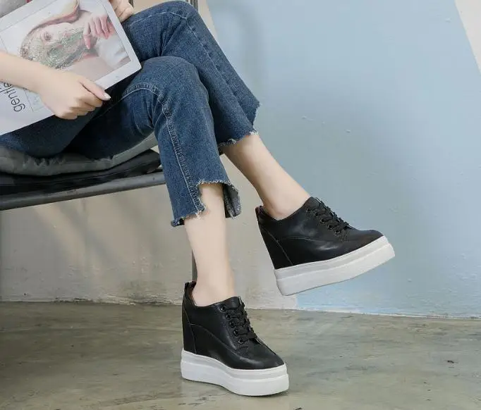 Genuine leather 10cm Increase Flat Platform Shoes Female Thick Sole Students Casual Shoes Woman Lace Up Solid Women Shoes