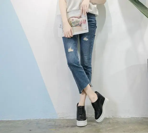 Genuine leather 10cm Increase Flat Platform Shoes Female Thick Sole Students Casual Shoes Woman Lace Up Solid Women Shoes
