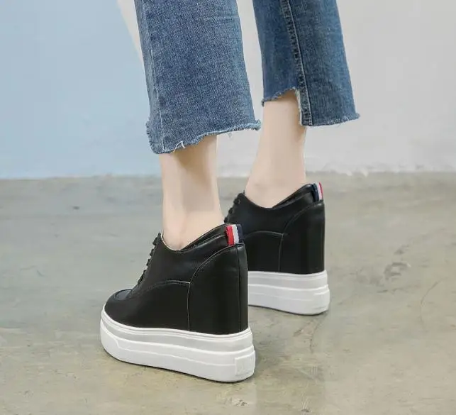Genuine leather 10cm Increase Flat Platform Shoes Female Thick Sole Students Casual Shoes Woman Lace Up Solid Women Shoes