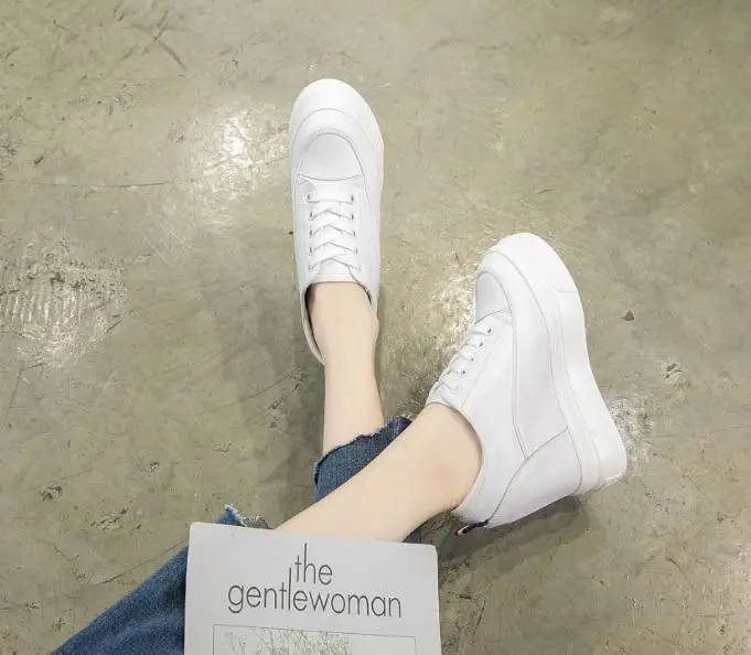 Genuine leather 10cm Increase Flat Platform Shoes Female Thick Sole Students Casual Shoes Woman Lace Up Solid Women Shoes