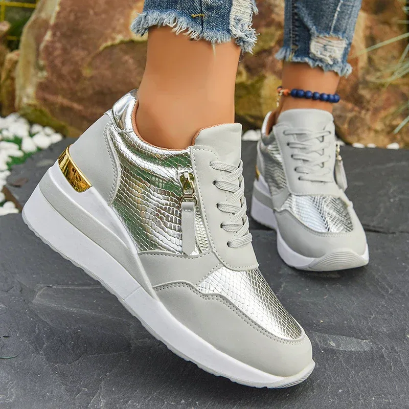 Gold Silver Wedge Sneakers for Women Lightweight Non Slip Casual Sports Shoes Woman Comfort Thick Sole Walking Shoes Plus Size