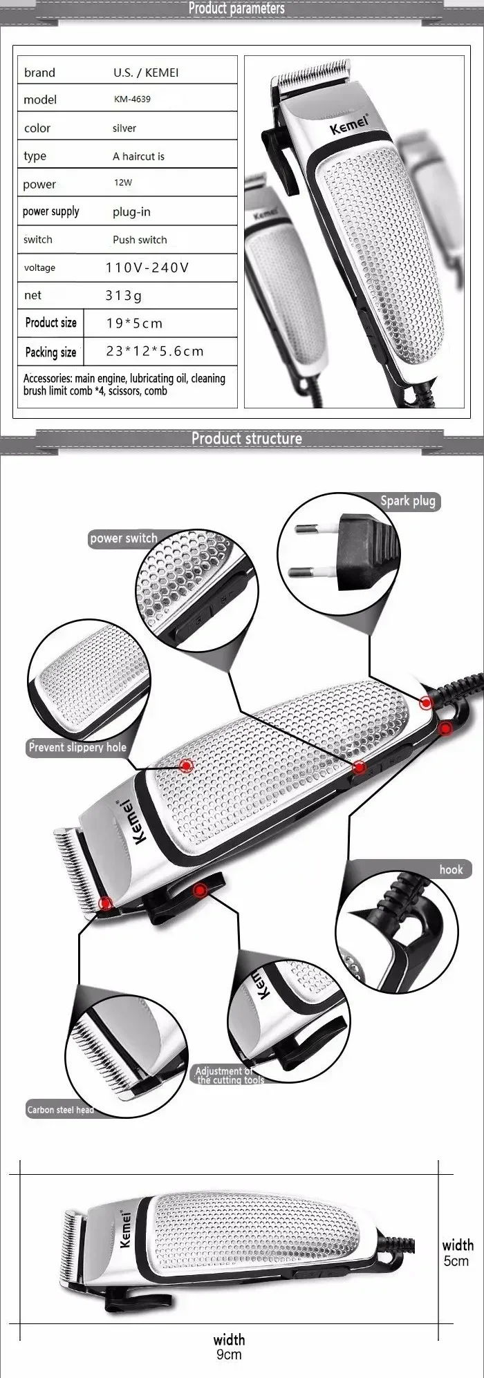 Kemei KM-4639 Electric Clipper Hair Clippers Professional Trimmer Household Low Noise Beard Machine Personal Care Haircut Tool
