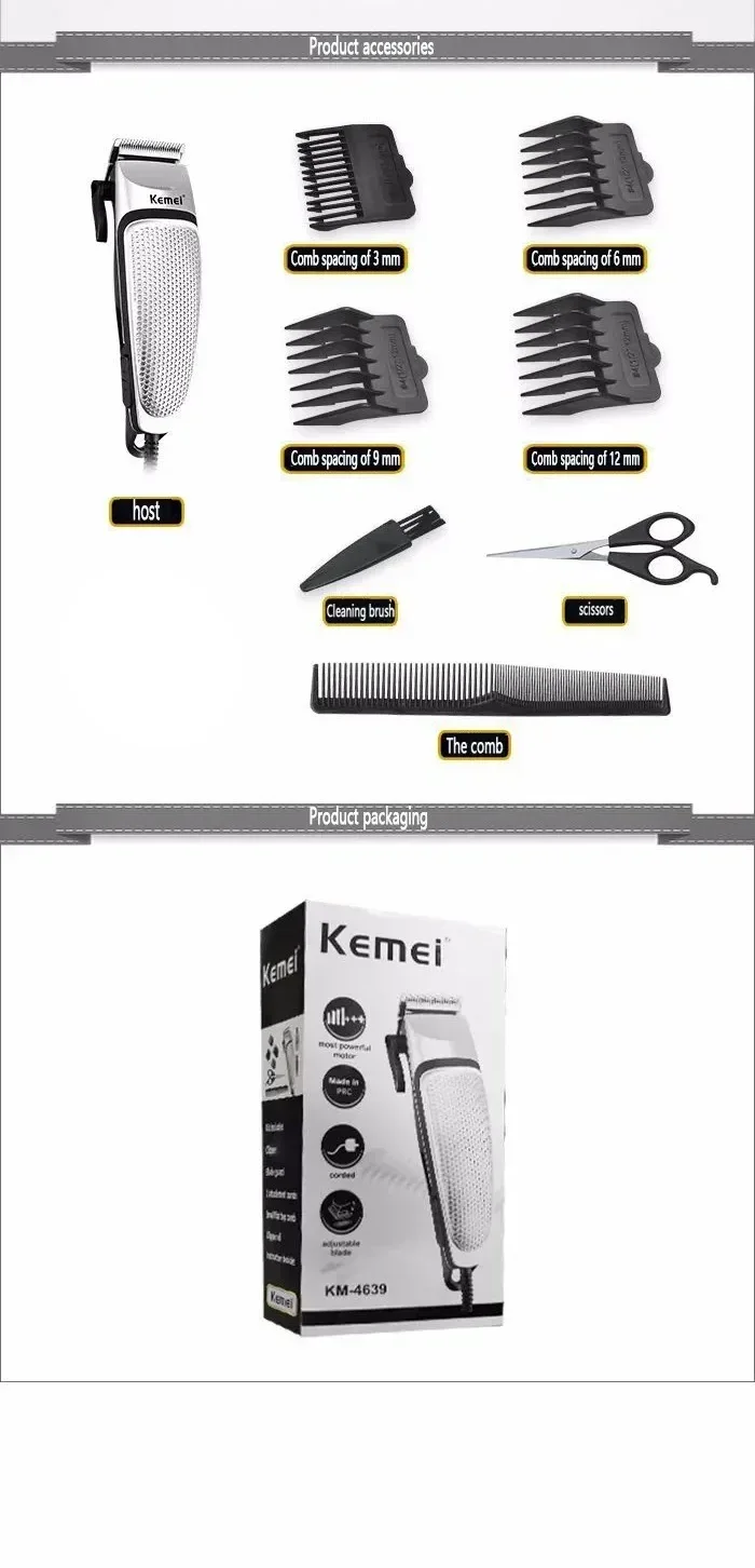 Kemei KM-4639 Electric Clipper Hair Clippers Professional Trimmer Household Low Noise Beard Machine Personal Care Haircut Tool