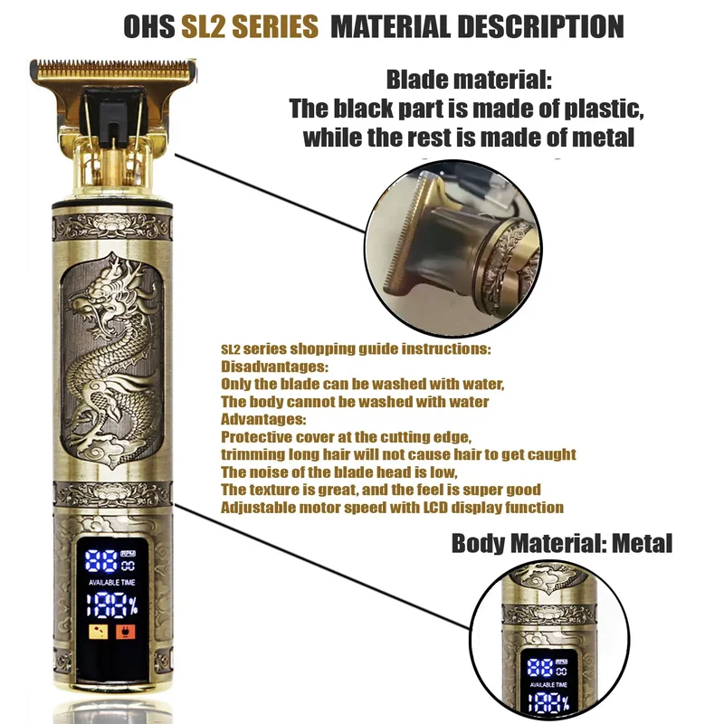 OHS T9 Vintage Electric Hairdresser Oil Shaving Head Pusher Carving Clipper Hair Cutting Machine Precision Trimmer for Men Care