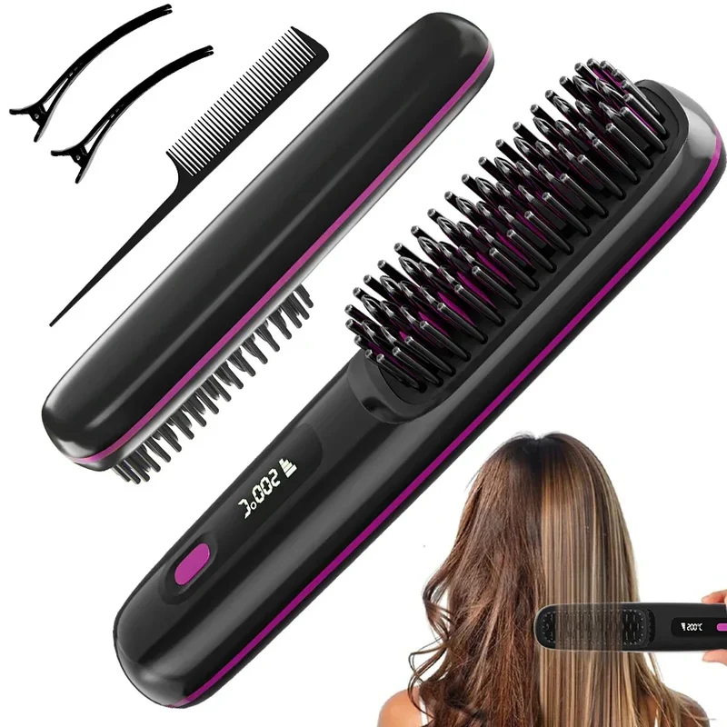 Rechargeable Hair Straightener Brush with 20s Fast Heating and 3 Temp Settings, Straightening Comb with Negative Ions for Women