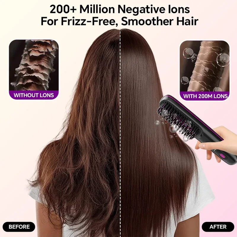 Rechargeable Hair Straightener Brush with 20s Fast Heating and 3 Temp Settings, Straightening Comb with Negative Ions for Women