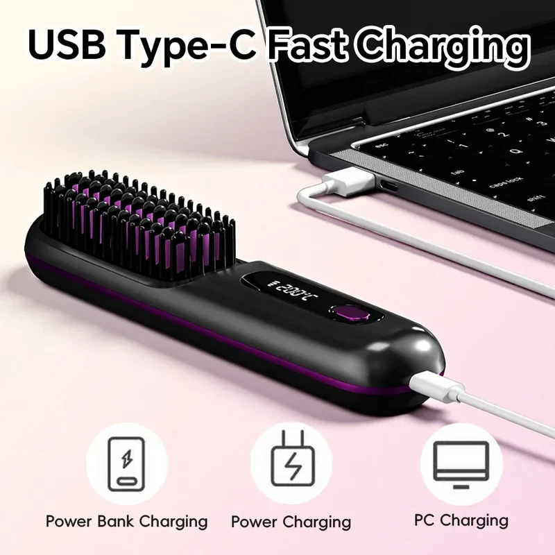 Rechargeable Hair Straightener Brush with 20s Fast Heating and 3 Temp Settings, Straightening Comb with Negative Ions for Women