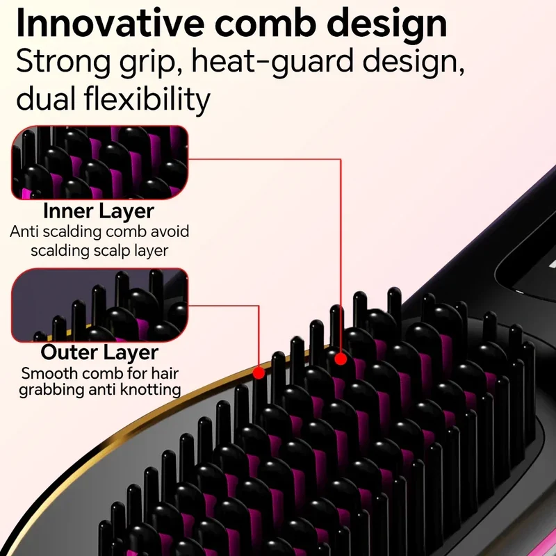 Rechargeable Hair Straightener Brush with 20s Fast Heating and 3 Temp Settings, Straightening Comb with Negative Ions for Women
