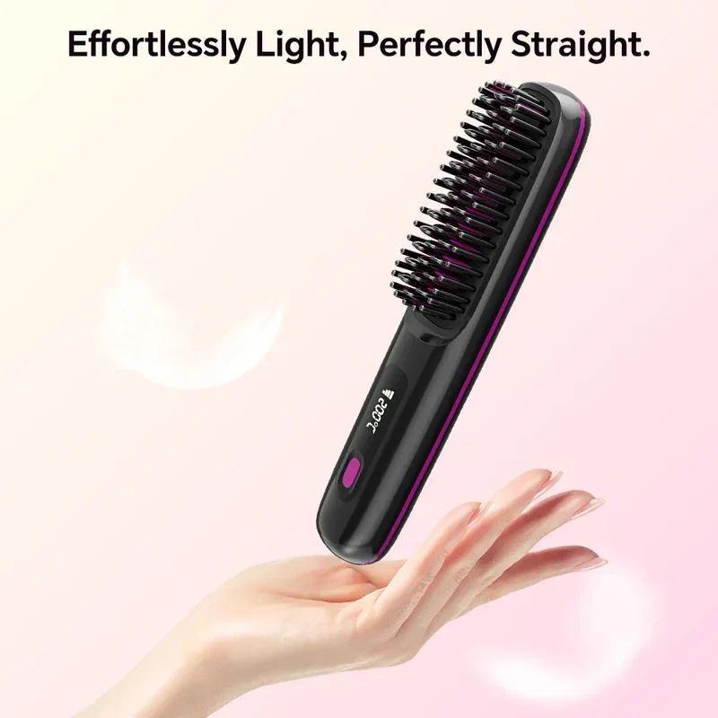 Rechargeable Hair Straightener Brush with 20s Fast Heating and 3 Temp Settings, Straightening Comb with Negative Ions for Women