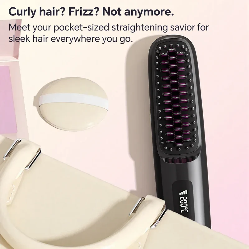 Rechargeable Hair Straightener Brush with 20s Fast Heating and 3 Temp Settings, Straightening Comb with Negative Ions for Women