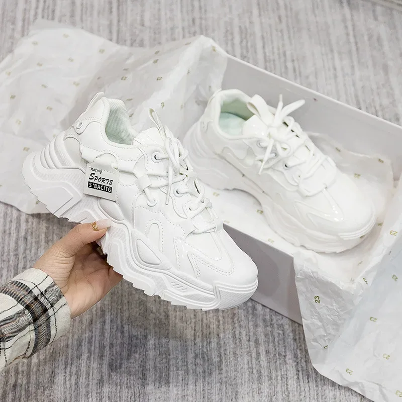 Women's Shoes Platform Autumn Leather 2025 New Versatile Black Casual Sneaker Solid Color Lace-up Vulcanize Shoes Tenis Feminino
