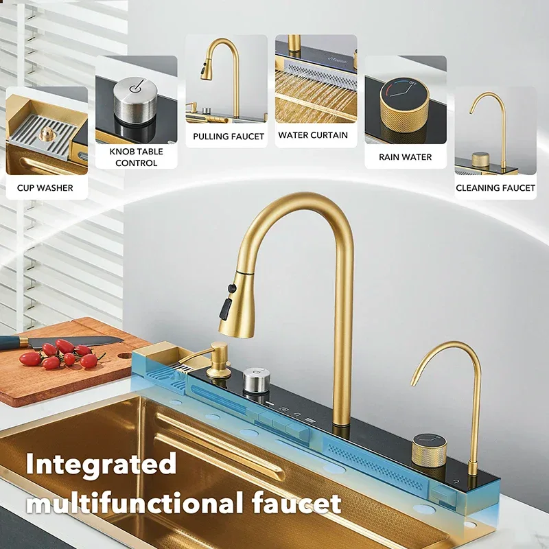 Golden Double Waterfall Sink Stainless Steel Kitchen Sink Embossed Large Single Slot Wash Basin Washing Pond For Kitchen