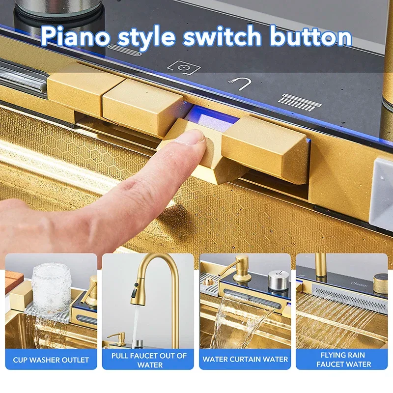 Golden Double Waterfall Sink Stainless Steel Kitchen Sink Embossed Large Single Slot Wash Basin Washing Pond For Kitchen