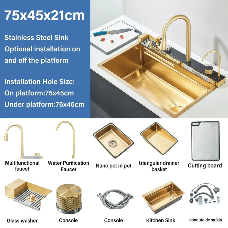 Golden Double Waterfall Sink Stainless Steel Kitchen Sink Embossed Large Single Slot Wash Basin Washing Pond For Kitchen