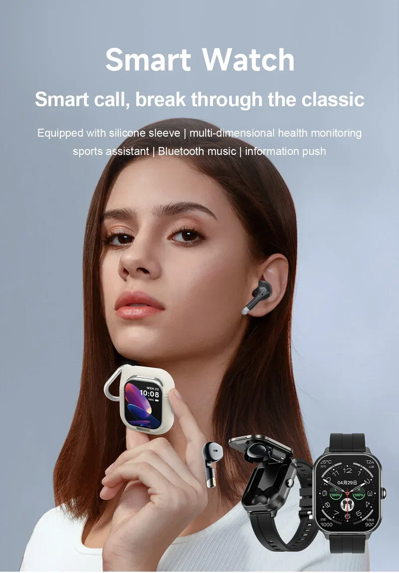 D8 Pro Unisex Smart Watch with TWS Earphones Square Design IP67 Waterproof Sports Fitness Health Monitor for iPhone & Android