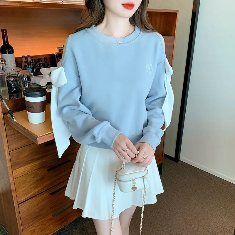Off The Shoulder Sweatshirt For Women Harajuku Fashion Youthful Clothes Sport Essential New In Basic Blue Woman Pullover Tops