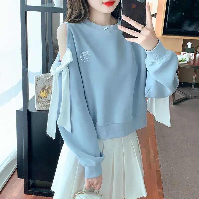 Off The Shoulder Sweatshirt For Women Harajuku Fashion Youthful Clothes Sport Essential New In Basic Blue Woman Pullover Tops