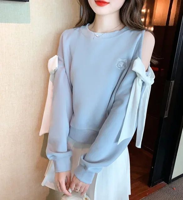 Off The Shoulder Sweatshirt For Women Harajuku Fashion Youthful Clothes Sport Essential New In Basic Blue Woman Pullover Tops