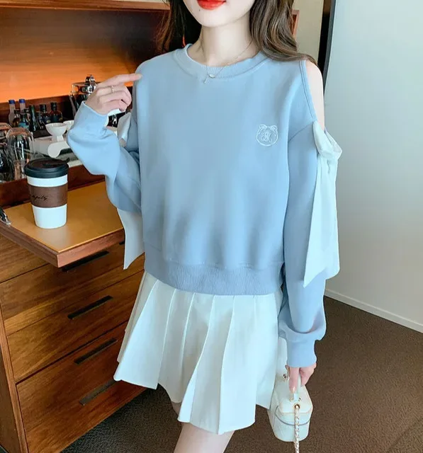 Off The Shoulder Sweatshirt For Women Harajuku Fashion Youthful Clothes Sport Essential New In Basic Blue Woman Pullover Tops