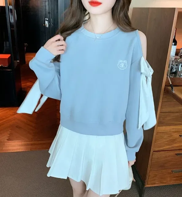 Off The Shoulder Sweatshirt For Women Harajuku Fashion Youthful Clothes Sport Essential New In Basic Blue Woman Pullover Tops