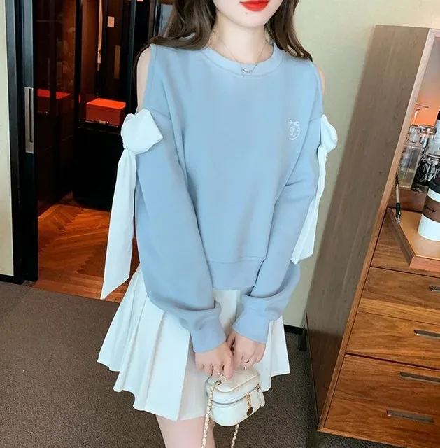 Off The Shoulder Sweatshirt For Women Harajuku Fashion Youthful Clothes Sport Essential New In Basic Blue Woman Pullover Tops