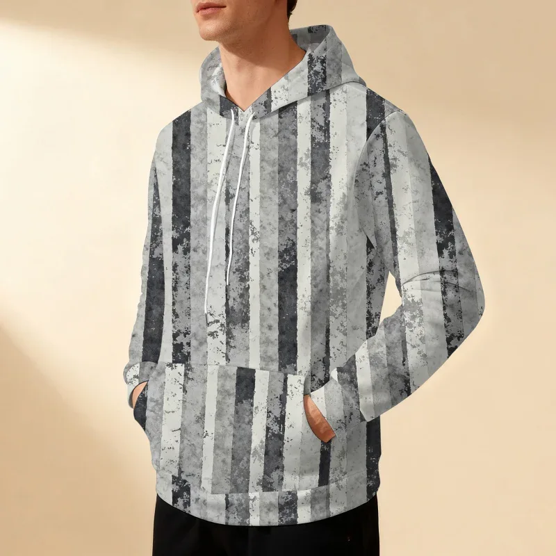 Men's striped hooded sweatshirt with drawstring, sporty, casual, stylish, versatile, and comfortable, perfect for commuting.