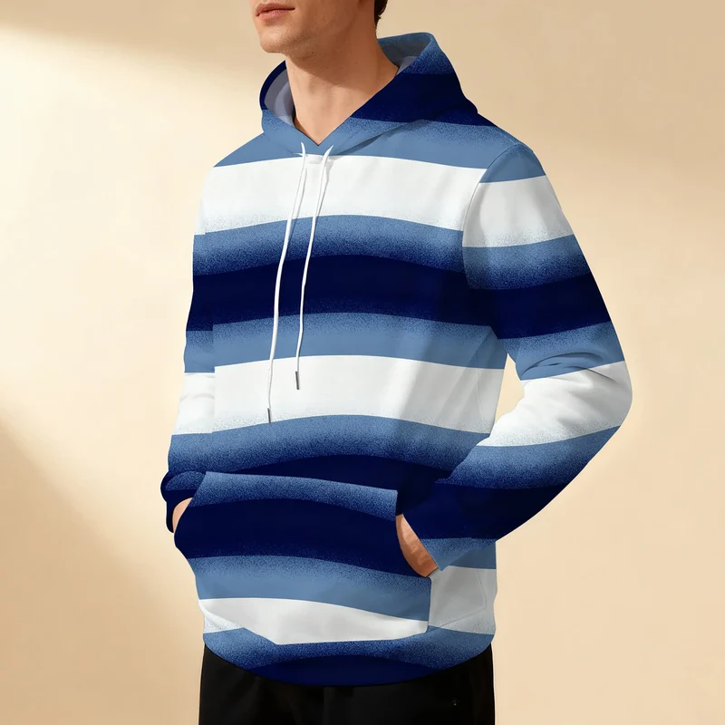 Men's striped hooded sweatshirt with drawstring, sporty, casual, stylish, versatile, and comfortable, perfect for commuting.