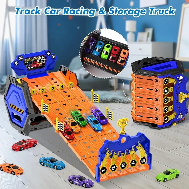 VATOS Upgraded 5 Tracks Truck Toy Cars for Boys Portable Race Track Truck Toy 5 Race Cars Carrier Vehicles Set for Kids Girls