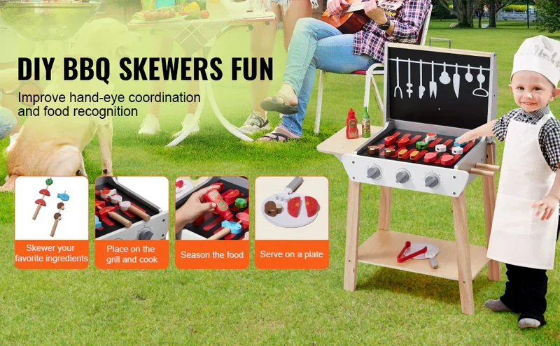 SucceBuy Simulation Kitchen Barbecue Toys Wooden Grill Toy Set Montessori Pretend Play Food BBQ Toy Playset for Kids Girls Gifts